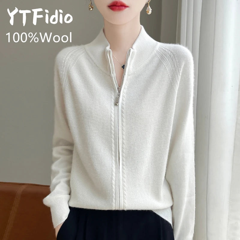 100% Wool Women’s Zipper Turtleneck Sweater – Casual Loose Knit Cardigan for Autumn/Winter
