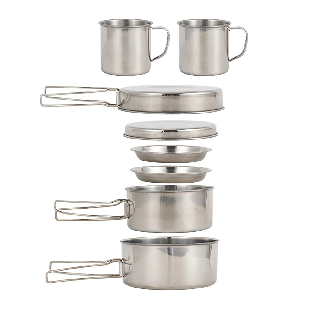 8PCS Stainless Steel Camping Cookware Mess Kit – Lightweight, Durable & Ready for Adventure