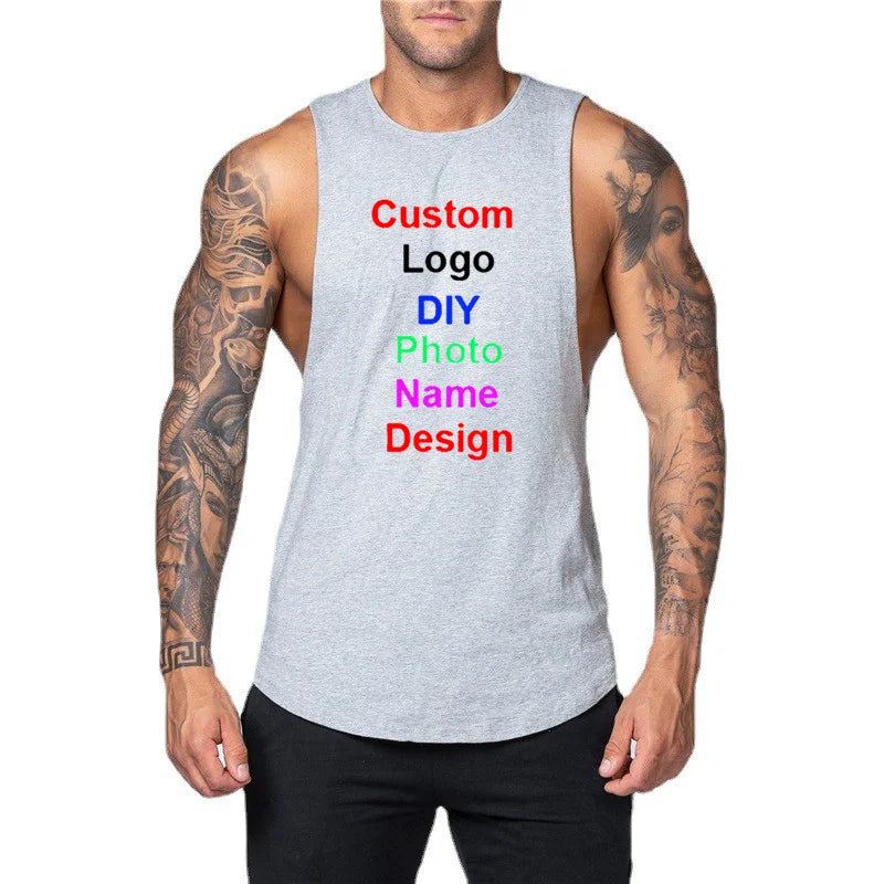 DIY Custom Logo Gym Tank Top for Men – Cotton Muscle Sleeveless Workout Vest