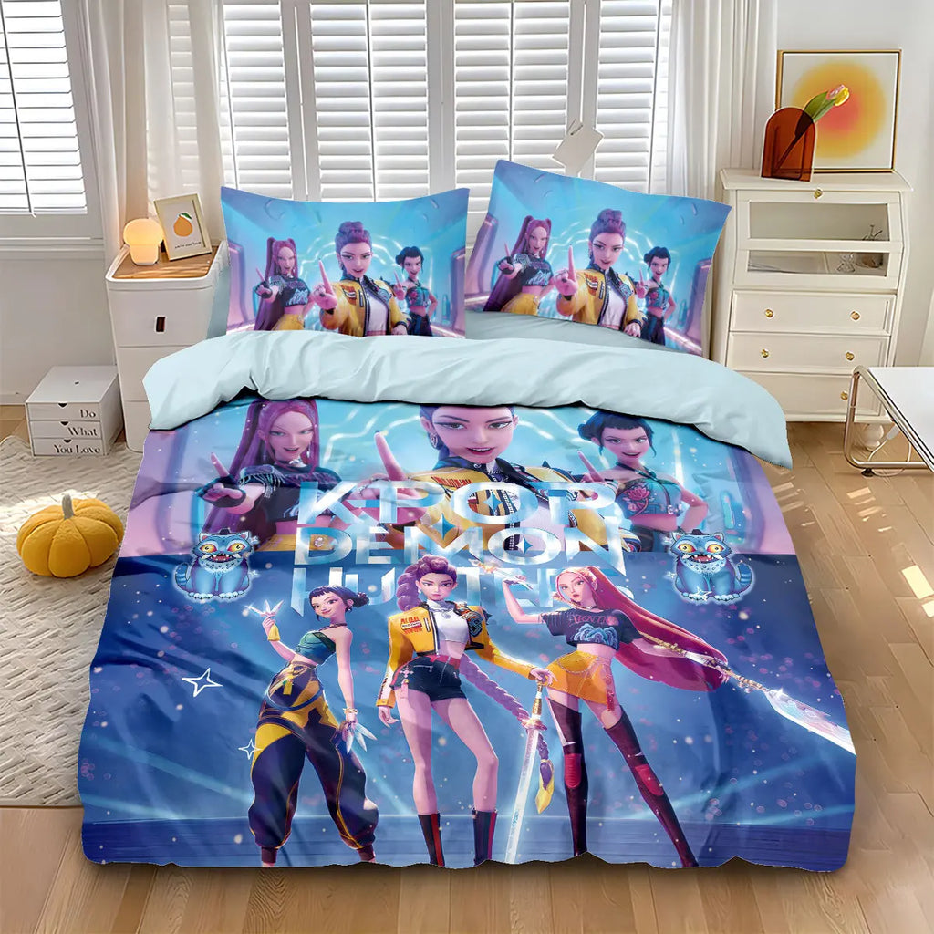 3pcs K-Pop Bedding Set Demon Hunters Colorful Print Polyester Duvet Cover with Pillowcases