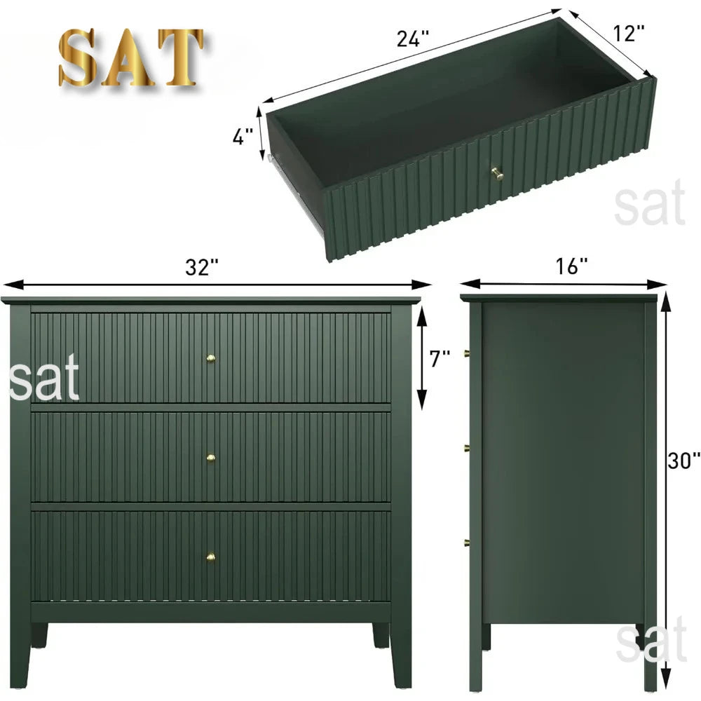 Green Fluted 3 Drawer Modern Dresser Nightstand – 32 Inch Wide Wood Chest of Drawers