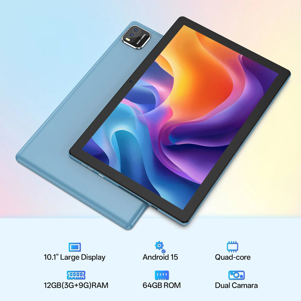 BAKEN 10-Inch Android 15 Tablet PC – 12GB RAM (3+9GB) + 64GB Storage, WiFi 6, Quad-Core Processor, Dual Camera, 6000mAh Battery