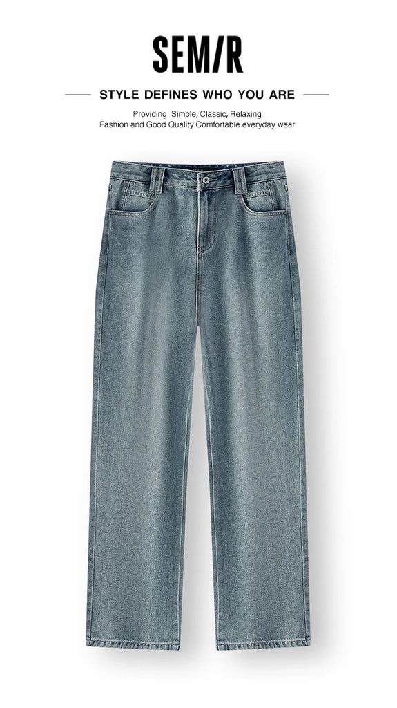 Semir Women’s 2025 Winter Wide-Leg Fleece-Lined Jeans – Full-Length Hong Kong Style Trousers