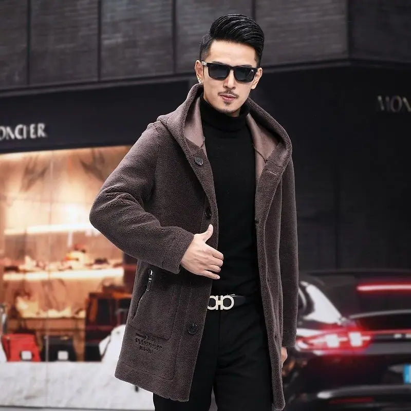 Men’s Winter Casual Thick Fleece Hooded Waterproof Jacket with Real Fur Wool Coat