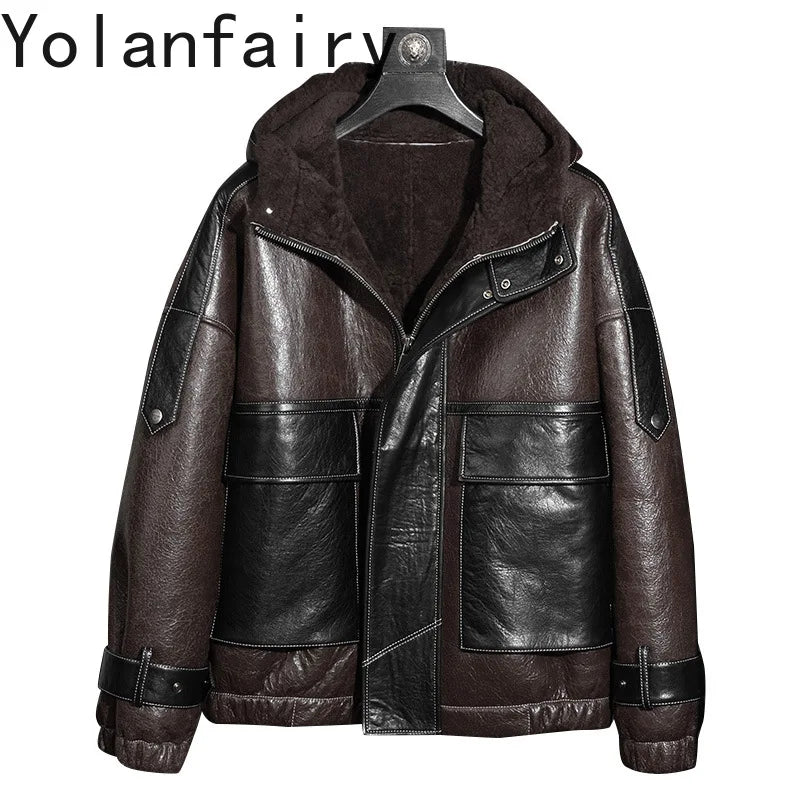 Men’s Natural Sheepskin Leather Jacket with Real Fur Hood – Winter Wool Lined Fur Coat