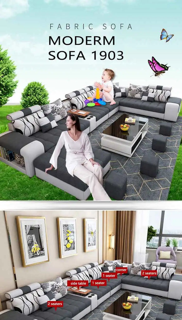 Modern U-Shaped Fabric Sofa Set with USB & Stools – Living Room Couch, Customizable Colors