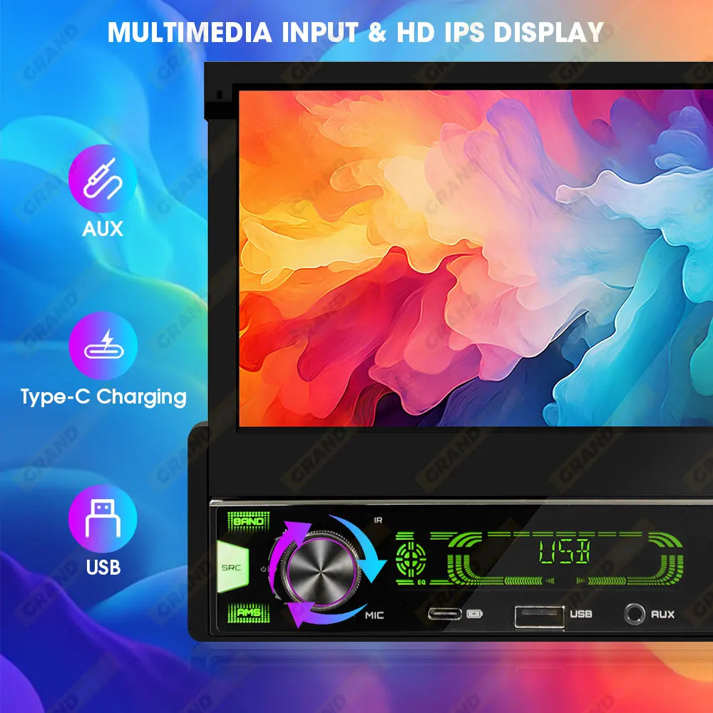 1Din 7 Inch MP5 Radio Player with Automatic Retractable Screen, Wireless CarPlay & Android Auto, FM AM RDS Car Stereo USB Type-C