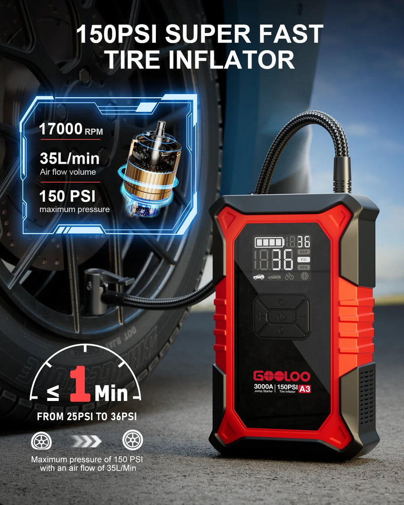 GOOLOO A3 3000A Portable Car Jump Starter with Air Compressor, 150PSI Auto-Shutoff, 12000mAh Battery for Gas & Diesel Engines