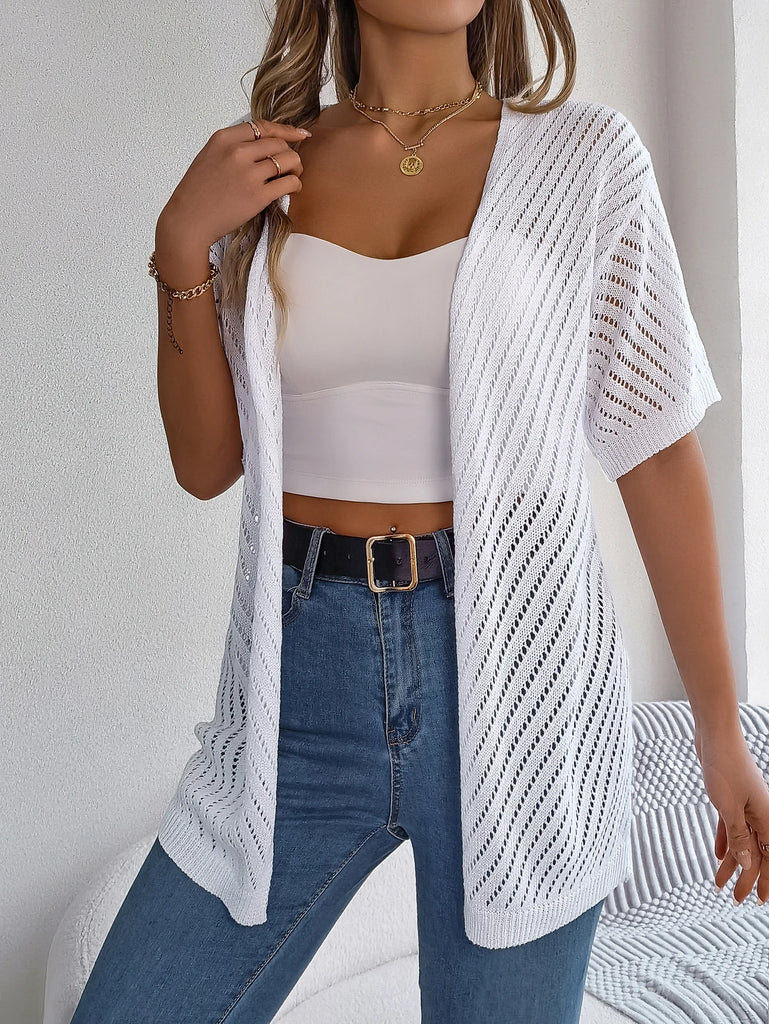 Casual Hollow Out Knitted Short Sleeve Cardigan for Women