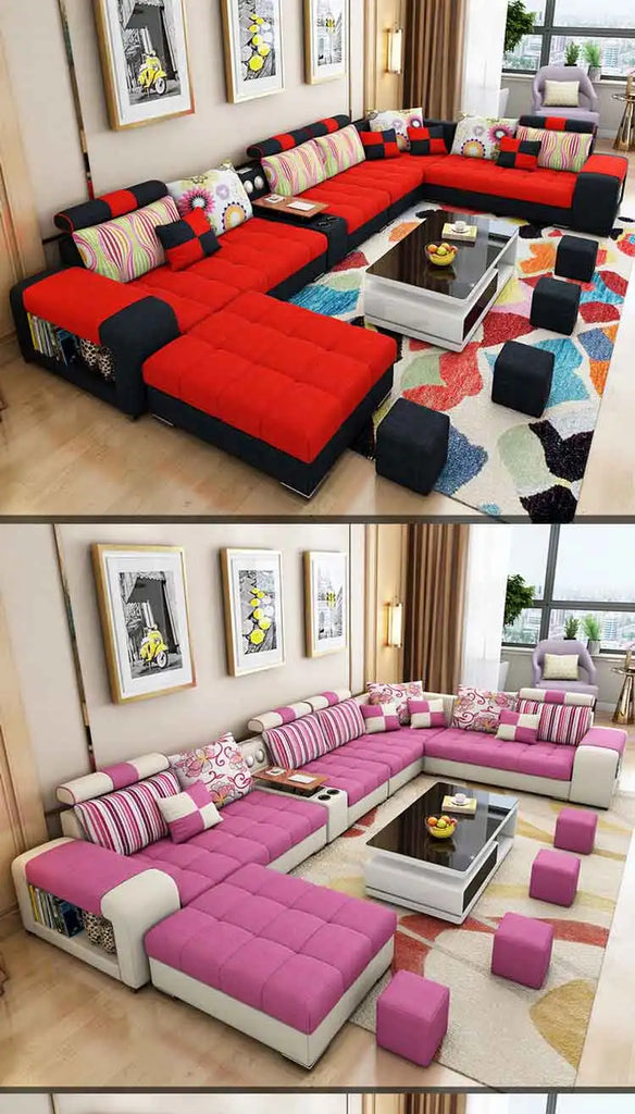 Modern U-Shaped Fabric Sofa Set with USB & Stools – Living Room Couch, Customizable Colors