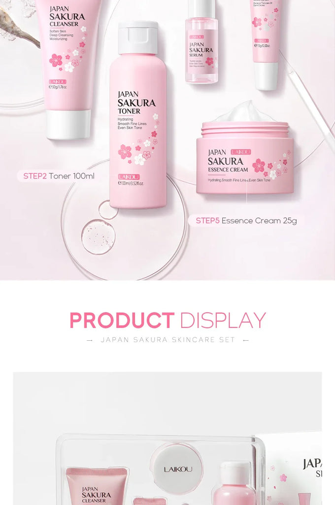LAIKOU Sakura 5 Piece Skin Care Set Moisturizing Brightening Fine Line Reducing Facial Kit