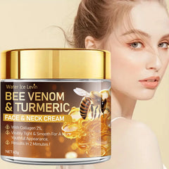 Bee Venom & Turmeric Face & Neck Cream jar with a woman's face in the background