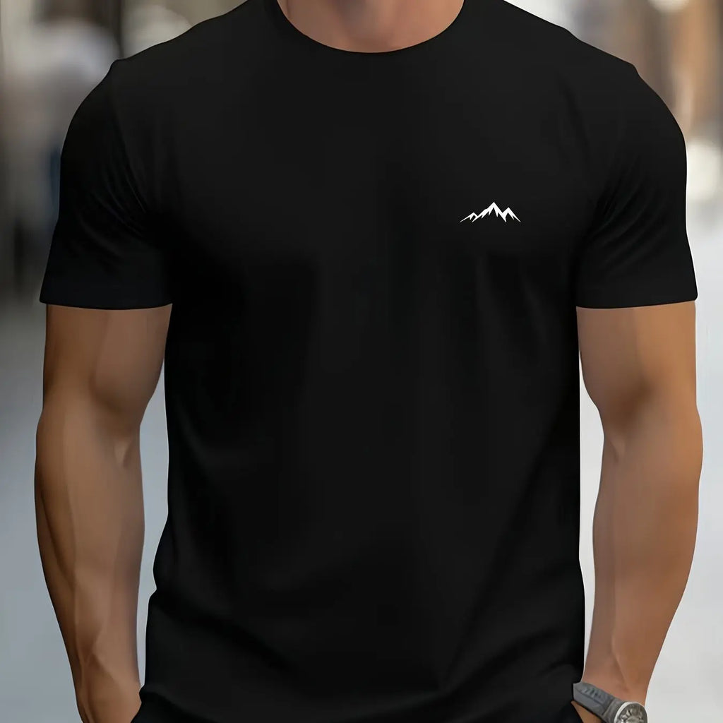 Men's Summer Cotton Casual Sports T-Shirt with Mountain Print, Short Sleeve, Round Neck