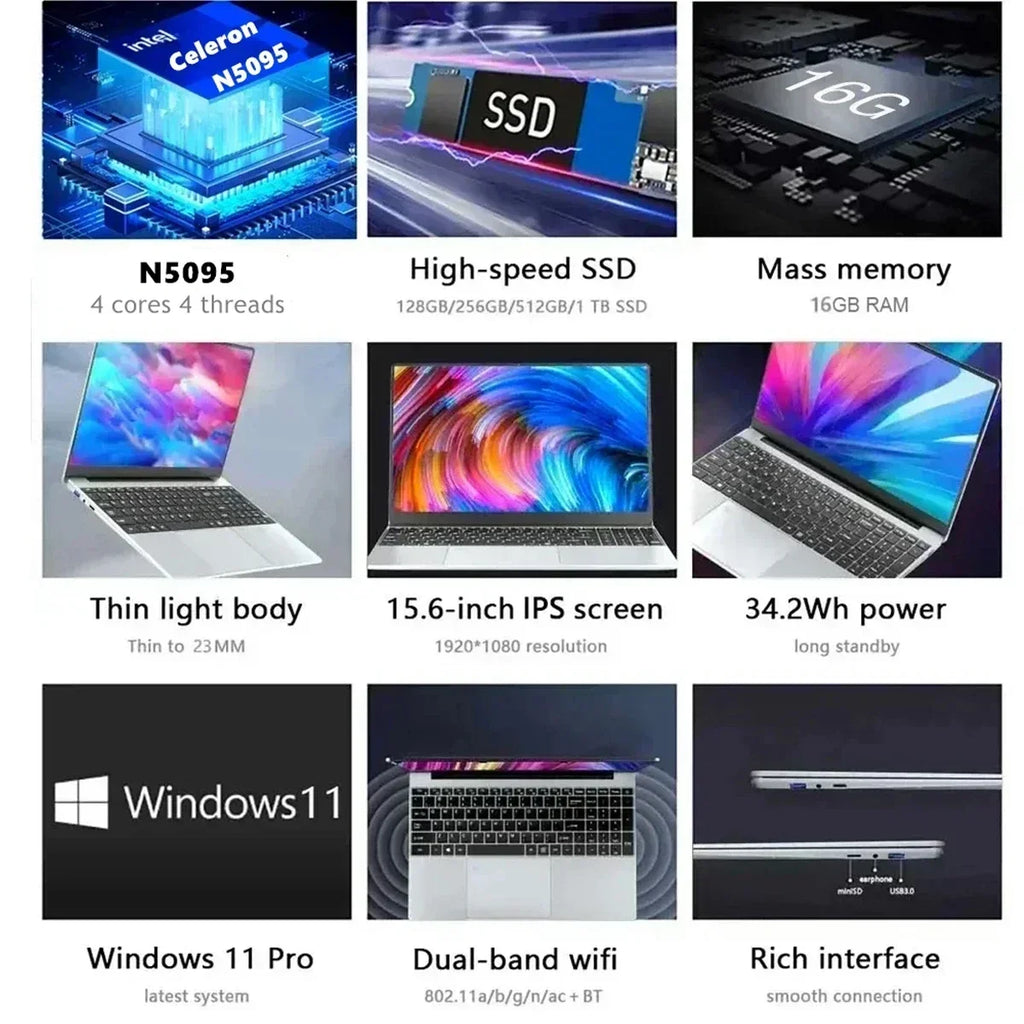 QMDZ 15.6" Laptop Intel Celeron N5095 Notebook PC 16GB/32GB RAM 128GB-2TB SSD Windows 11 1080P
