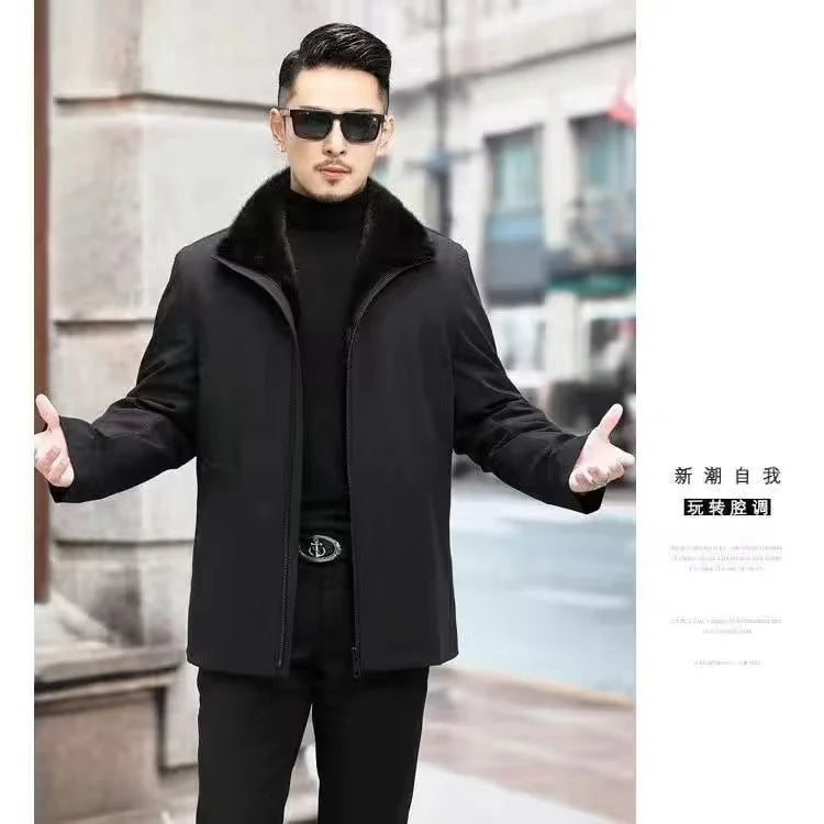 Men’s Detachable Fur One-Piece Winter Coat – Thick Faux Mink Fur Lined