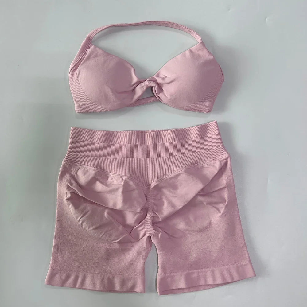 Women’s 2-Piece Seamless Gym Set – Strappy Yoga Bra & High-Waist Scrunch Shorts Workout Suit