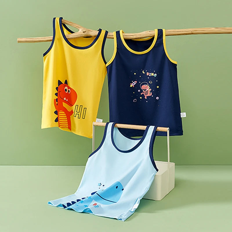 Boys Cartoon Dino Car Cotton Tank Top Singlet Underwear – Kids Summer Undershirt 3-10T