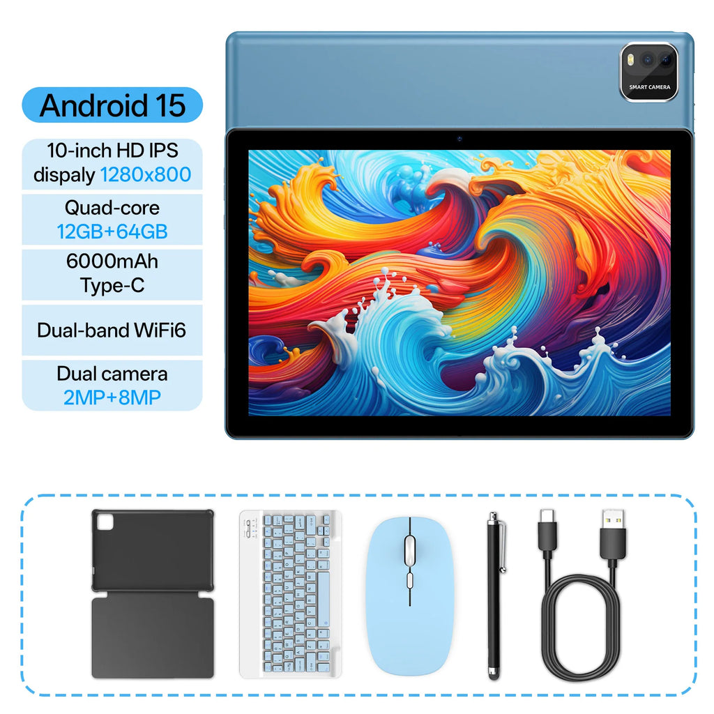 BAKEN 10-Inch Android 15 Tablet PC – 12GB RAM (3+9GB) + 64GB Storage, WiFi 6, Quad-Core Processor, Dual Camera, 6000mAh Battery