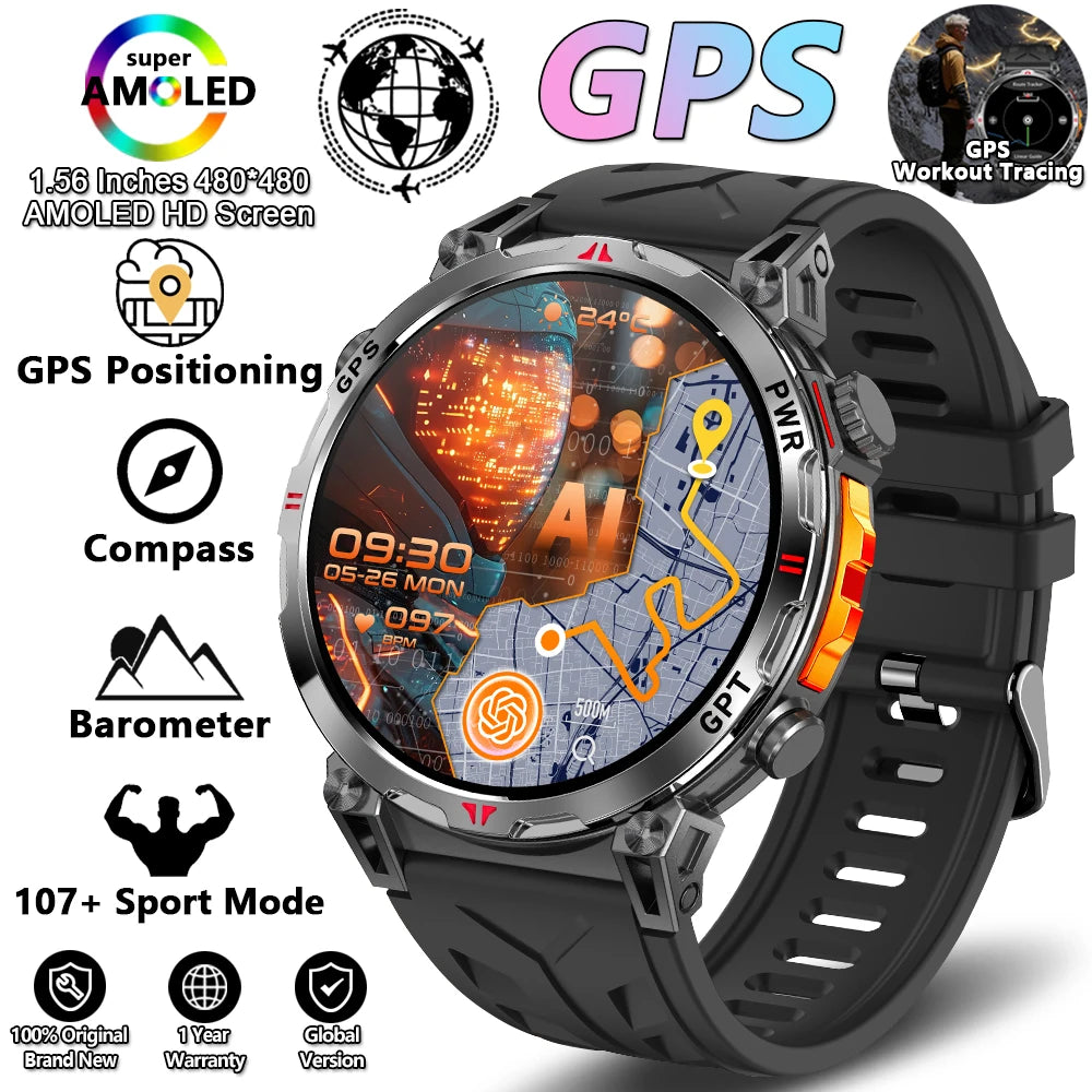 Outdoor Sports Smartwatch for Men – GPS, 1.56-inch AMOLED, 5ATM Waterproof, 650mAh Battery, Compass & HD Call