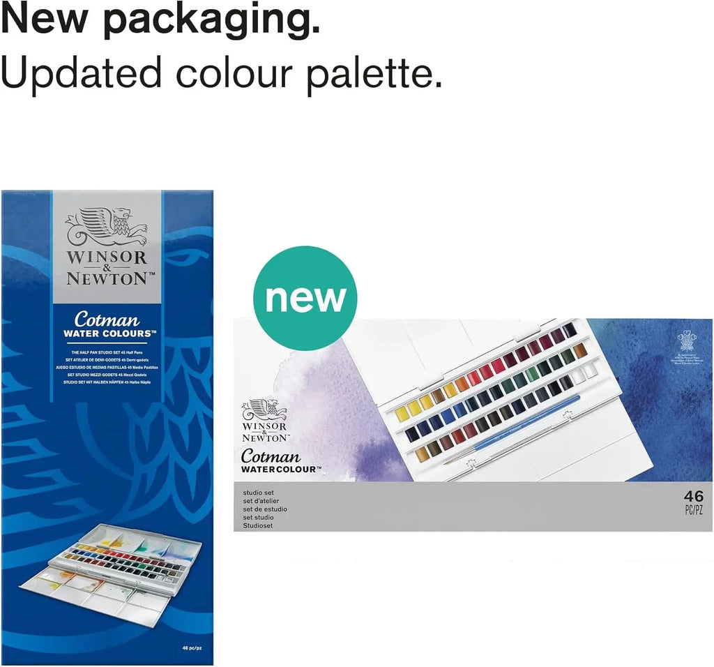 Winsor & Newton Cotman Watercolor Paint Set Studio 45 Half Pans with Brush and Palette Portable Artist Kit