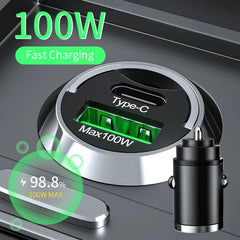 100W Mini Car Charger QC3.0 PD USB Type C 2-Port Fast Charging Compact Adapter