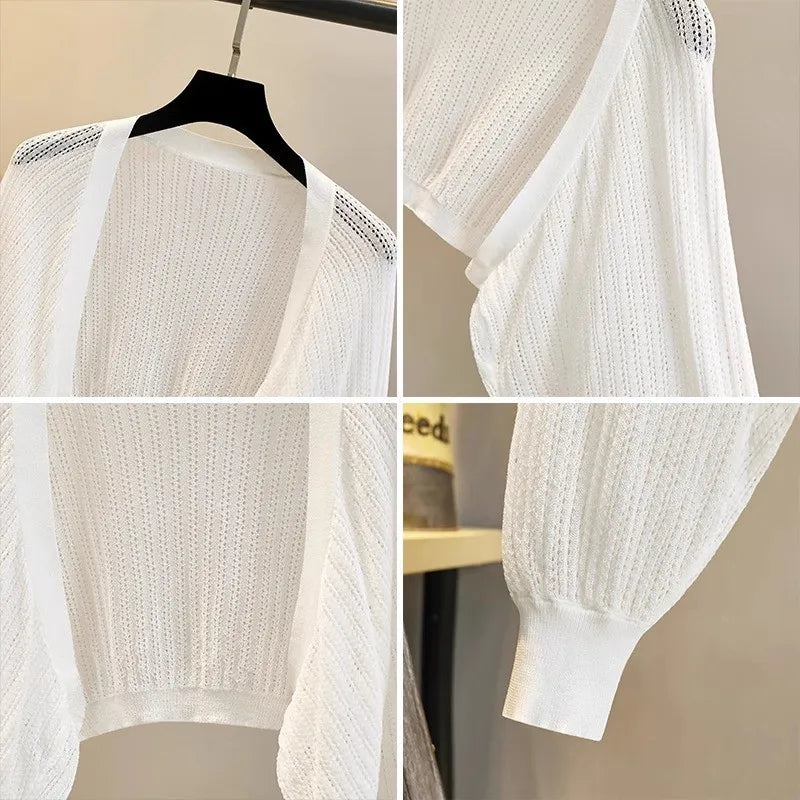 Lantern Sleeve Ice Silk Knitted Cardigan for Women – Summer Thin Loose Fit Outerwear with Slip Dress Sun Protection