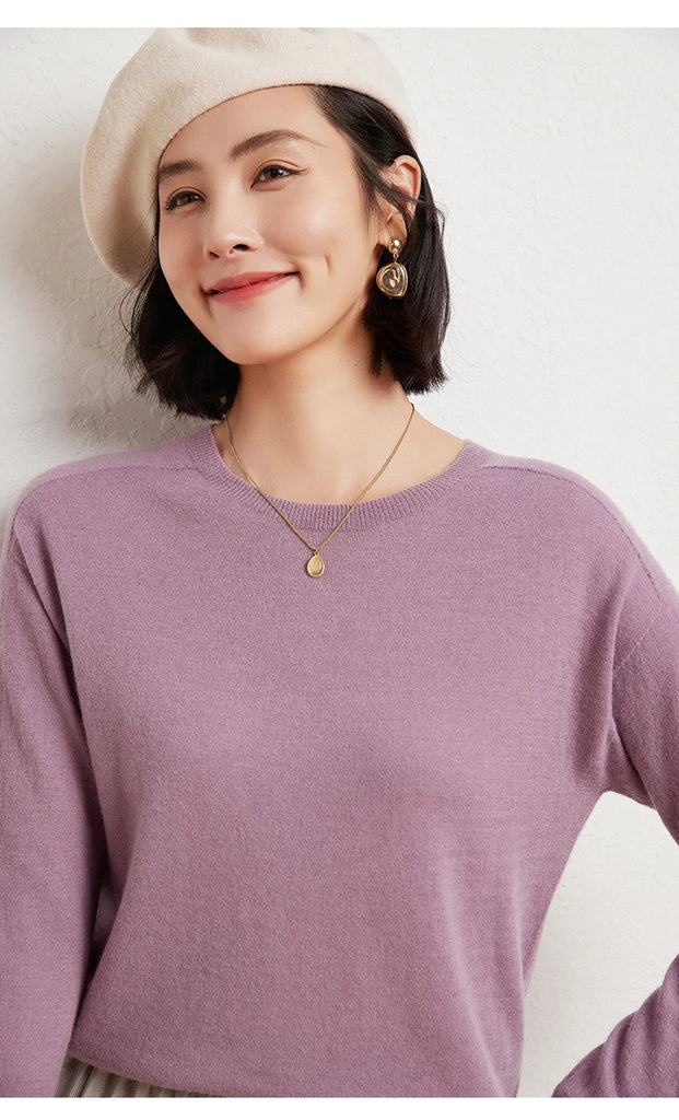 WinvyNee Women's 100% Wool Ribbed Crew Neck Sweater – Slim Fit Winter Knit Pullover