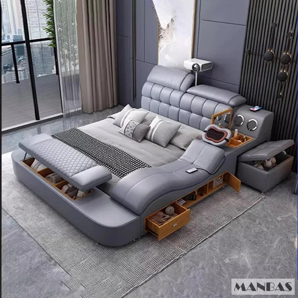 MANBAS Luxury King Size Genuine Leather Smart Bed with Massage, Storage, USB & Projector