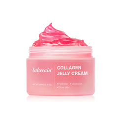 Pink collagen jelly cream jar with 'lakerain' branding on a white background