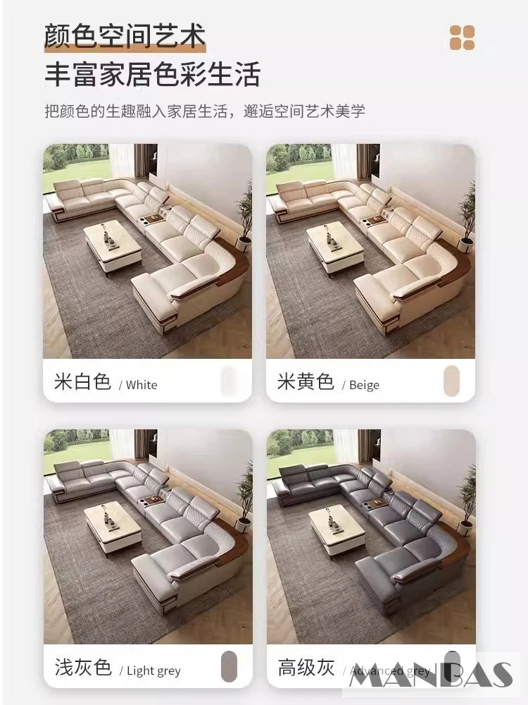 MINGDIBAO Italian Genuine Leather L-Shaped Sofa Set with Adjustable Headrests, Bluetooth Speaker & Wireless Charging