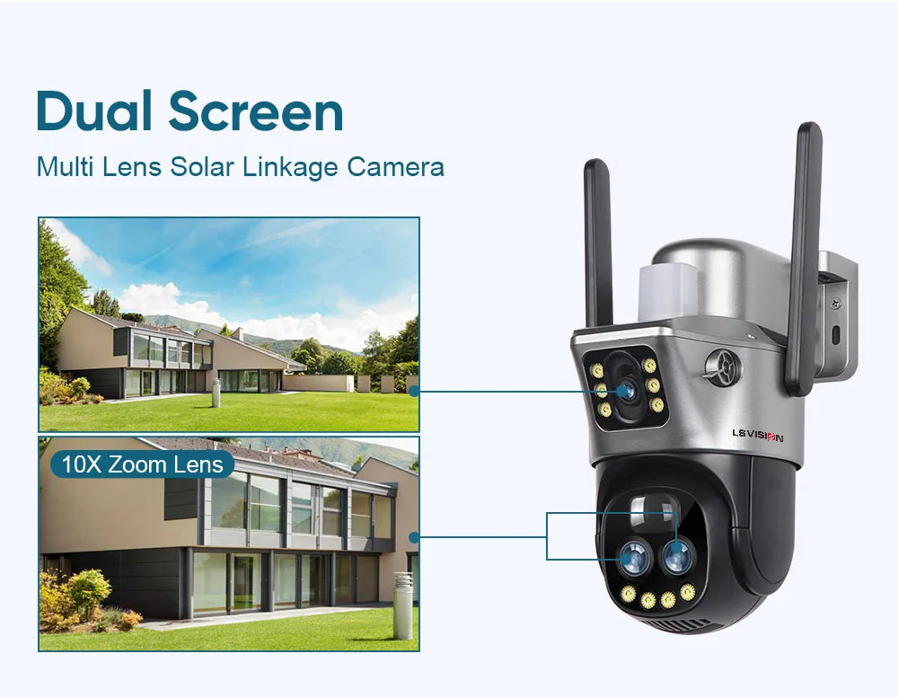 LS VISION Dual Screen Solar Camera 10X Zoom Outdoor WIFI/4G PTZ CCTV with Light Alarm