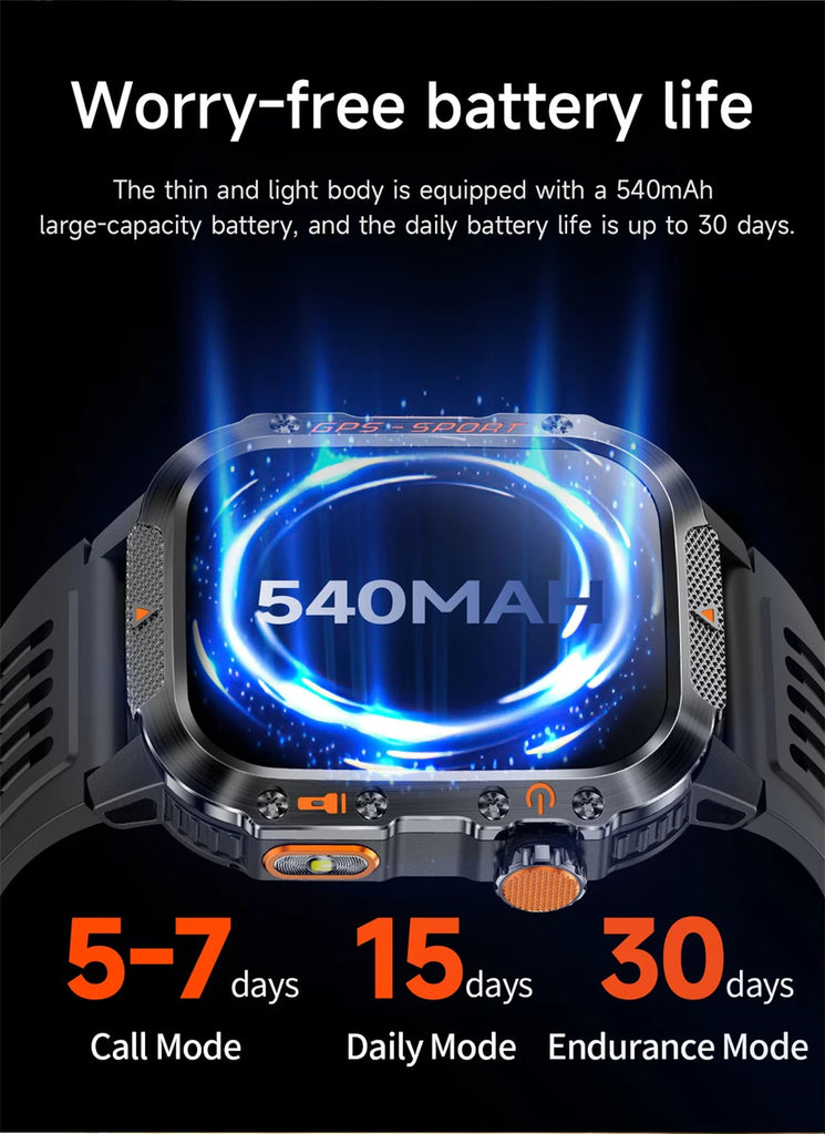 Military-Grade GPS Smartwatch for Men – 2.01” AMOLED, Bluetooth Calling, 3ATM Waterproof, 100+ Sports, 540mAh Battery