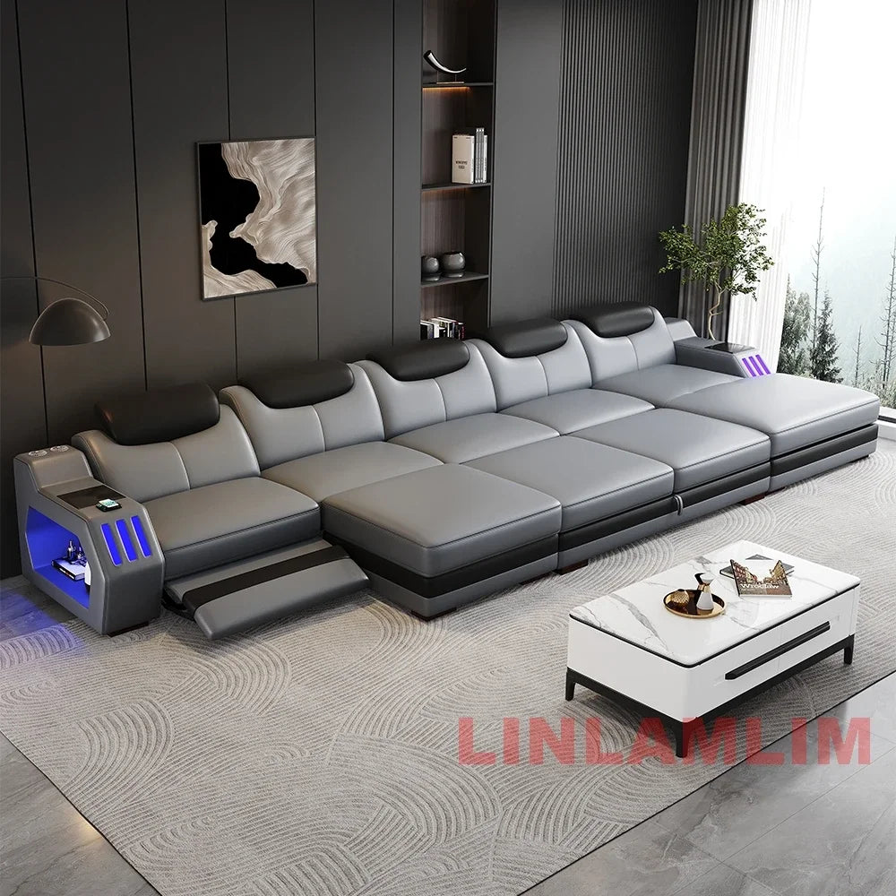 Modern L-Shaped Leather Sectional Sofa Bed with Adjustable Headrests, LED Lights, Storage & USB Ports