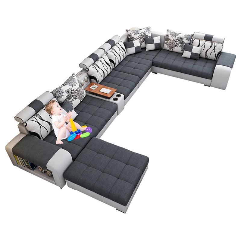 Modern U-Shaped Fabric Sofa Set with USB & Stools – Living Room Couch, Customizable Colors