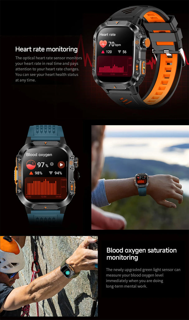 Military-Grade GPS Smartwatch for Men – 2.01” AMOLED, Bluetooth Calling, 3ATM Waterproof, 100+ Sports, 540mAh Battery