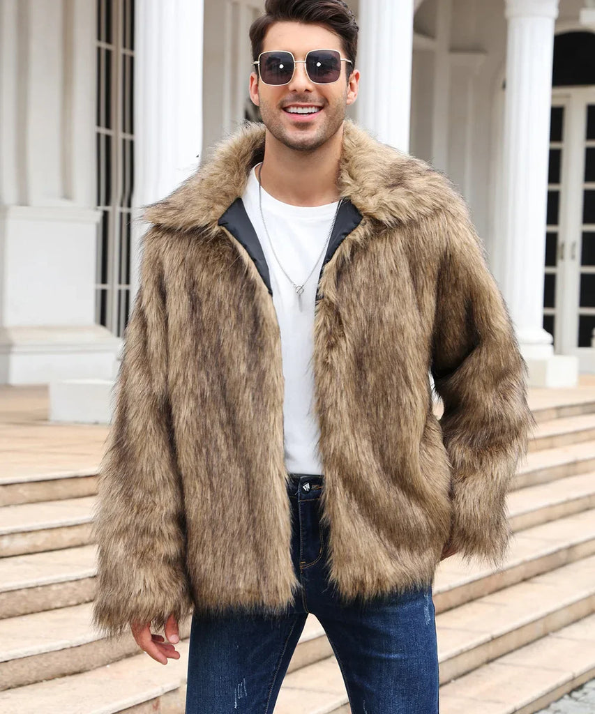 Men’s Faux Fox Fur Jacket Coat – Thick Shaggy Winter Outerwear