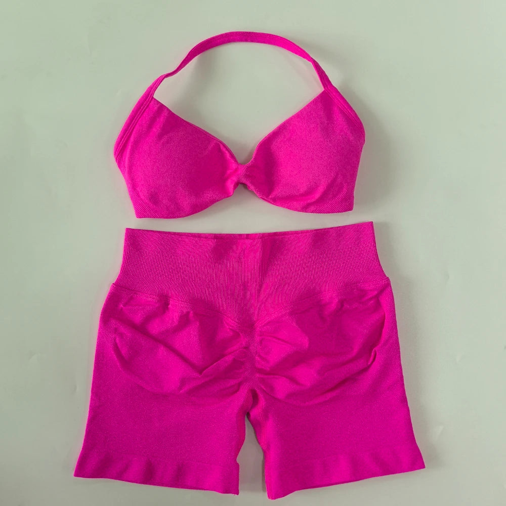 Women’s 2-Piece Seamless Gym Set – Strappy Yoga Bra & High-Waist Scrunch Shorts Workout Suit