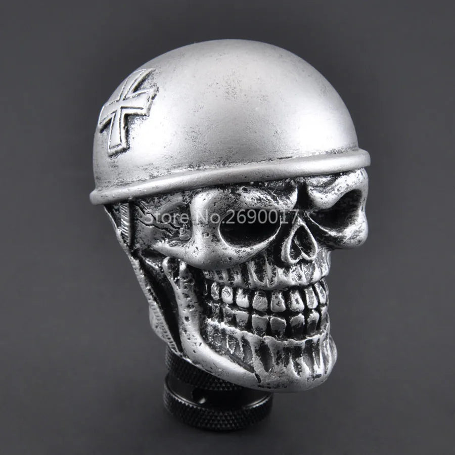 Silver Skull Helmet Universal Car Gear Shift Knob Lever – Heavy Resin & Metal Shifter for SUV, Truck, Coupe & Hatchback