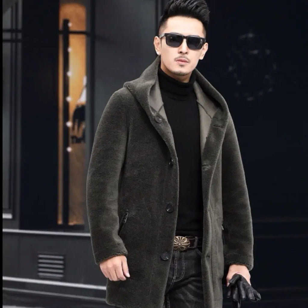 Men’s Winter Casual Thick Fleece Hooded Waterproof Jacket with Real Fur Wool Coat