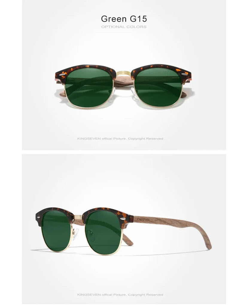 KINGSEVEN Handmade Black Walnut Wooden Polarized UV400 Sunglasses Semi-Rimless Retro Eyewear
