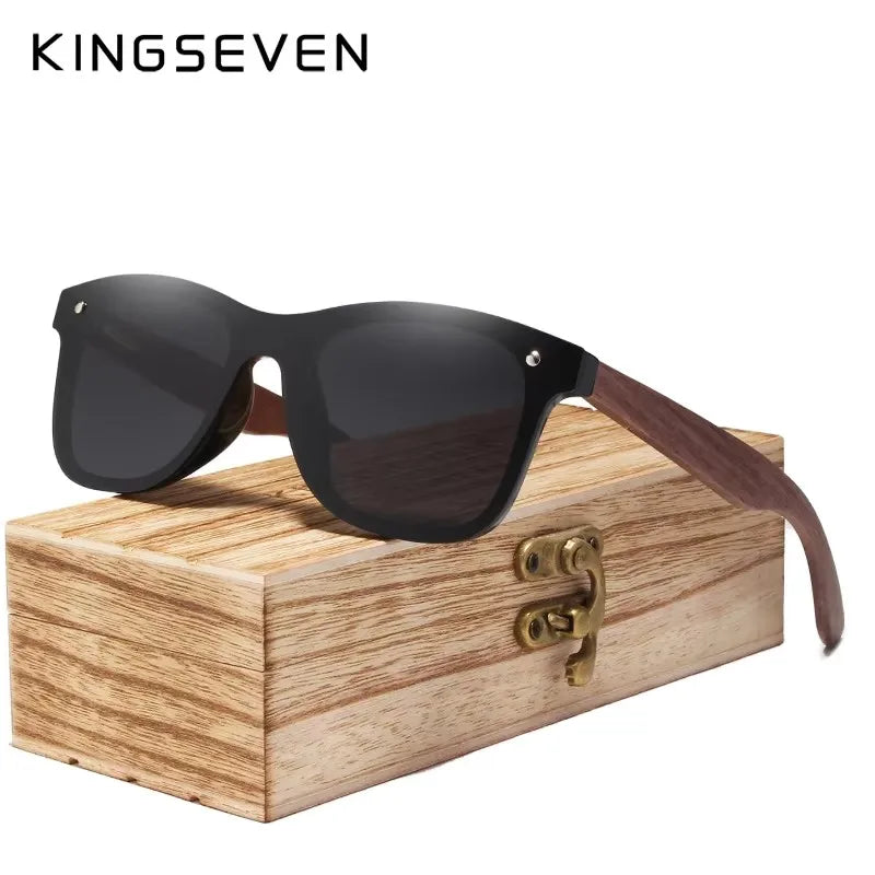 KINGSEVEN UV400 Polarized Walnut Wood Sunglasses Handmade Rectangle Outdoor Eyewear for Men and Women