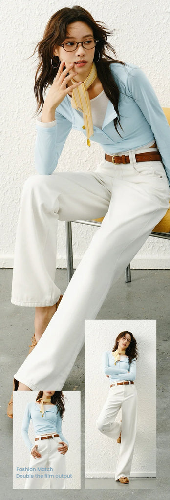 Semir Women’s 2025 Winter Wide-Leg Fleece-Lined Jeans – Full-Length Hong Kong Style Trousers