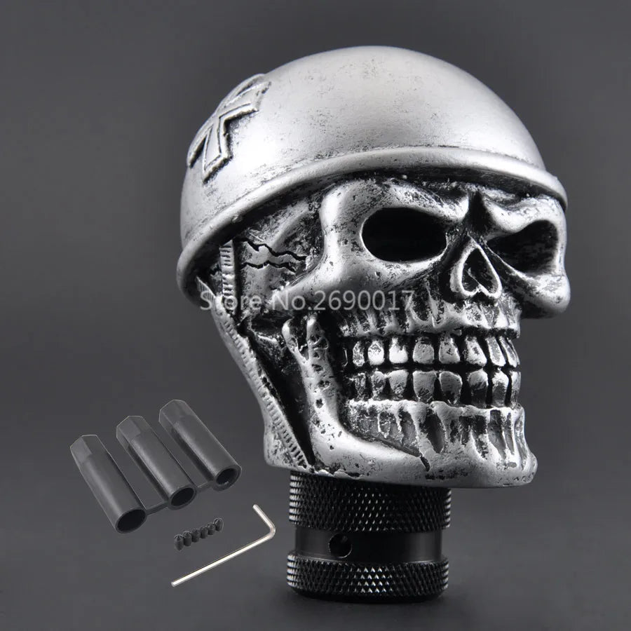 Silver Skull Helmet Universal Car Gear Shift Knob Lever – Heavy Resin & Metal Shifter for SUV, Truck, Coupe & Hatchback