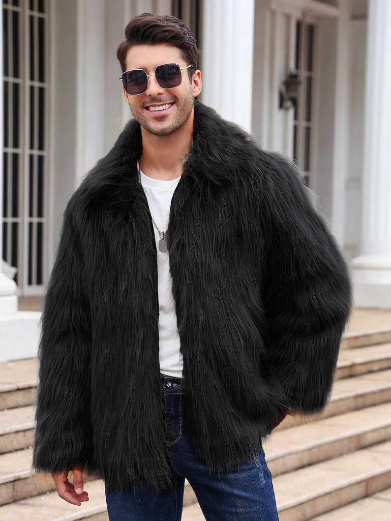 Men’s Faux Fox Fur Jacket Coat – Thick Shaggy Winter Outerwear