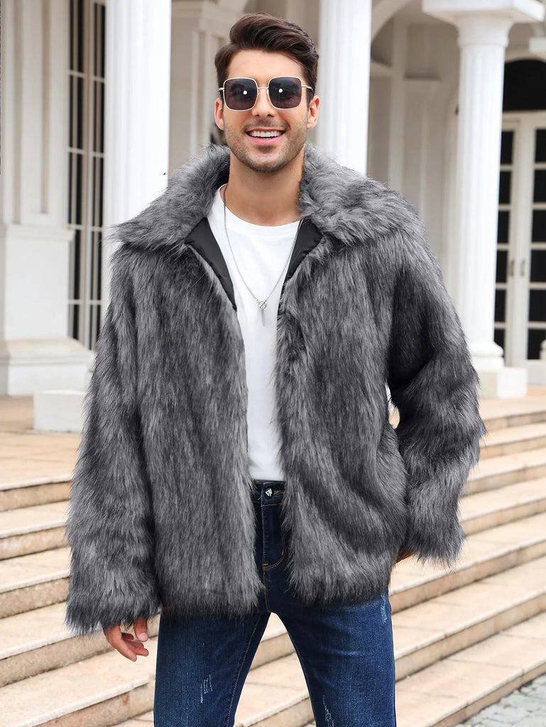 Men’s Faux Fox Fur Jacket Coat – Thick Shaggy Winter Outerwear