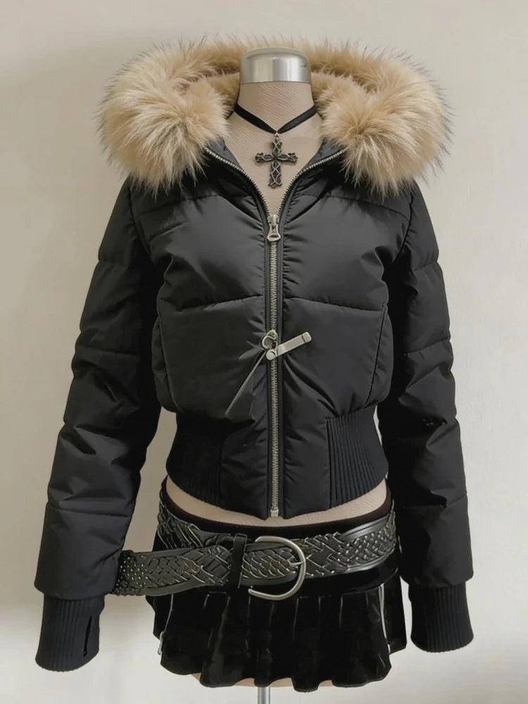 Spring Retro Faux Fur Coat for Women – Vintage 2000s Harajuku Gothic Punk Jean Parka
