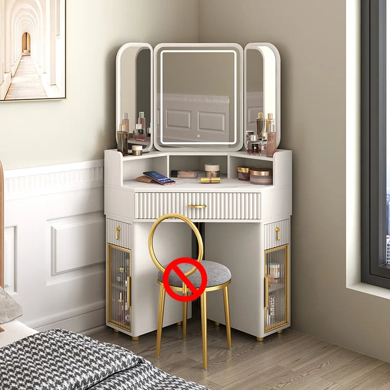 Luxury Solid Wood Corner Dressing Table with Mirror and Stool – Modern Minimalist Bedroom Furniture