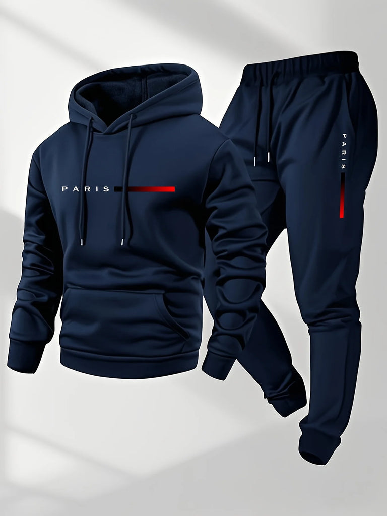 Men’s Hooded Sportswear Set – Letter Print Hoodie & Drawstring Pants Autumn Winter