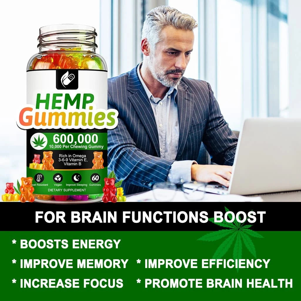 Contains Omega 3-6-9 Vitamin B, E Gummies - Stress Relief, Sleep, Mood, Skin, Nails, Focus, Joint Support, Non-GMO Supplement
