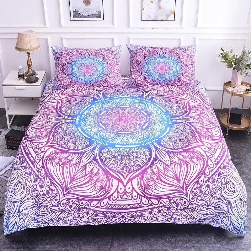 Mandala Lotus Flower Duvet Cover Set King Size Blue Purple Pink Bohemian 3D Print Bedding